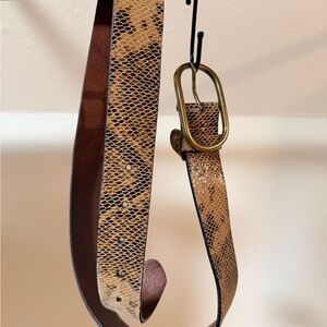 Leather Snake Print Belt with Gold Buckle